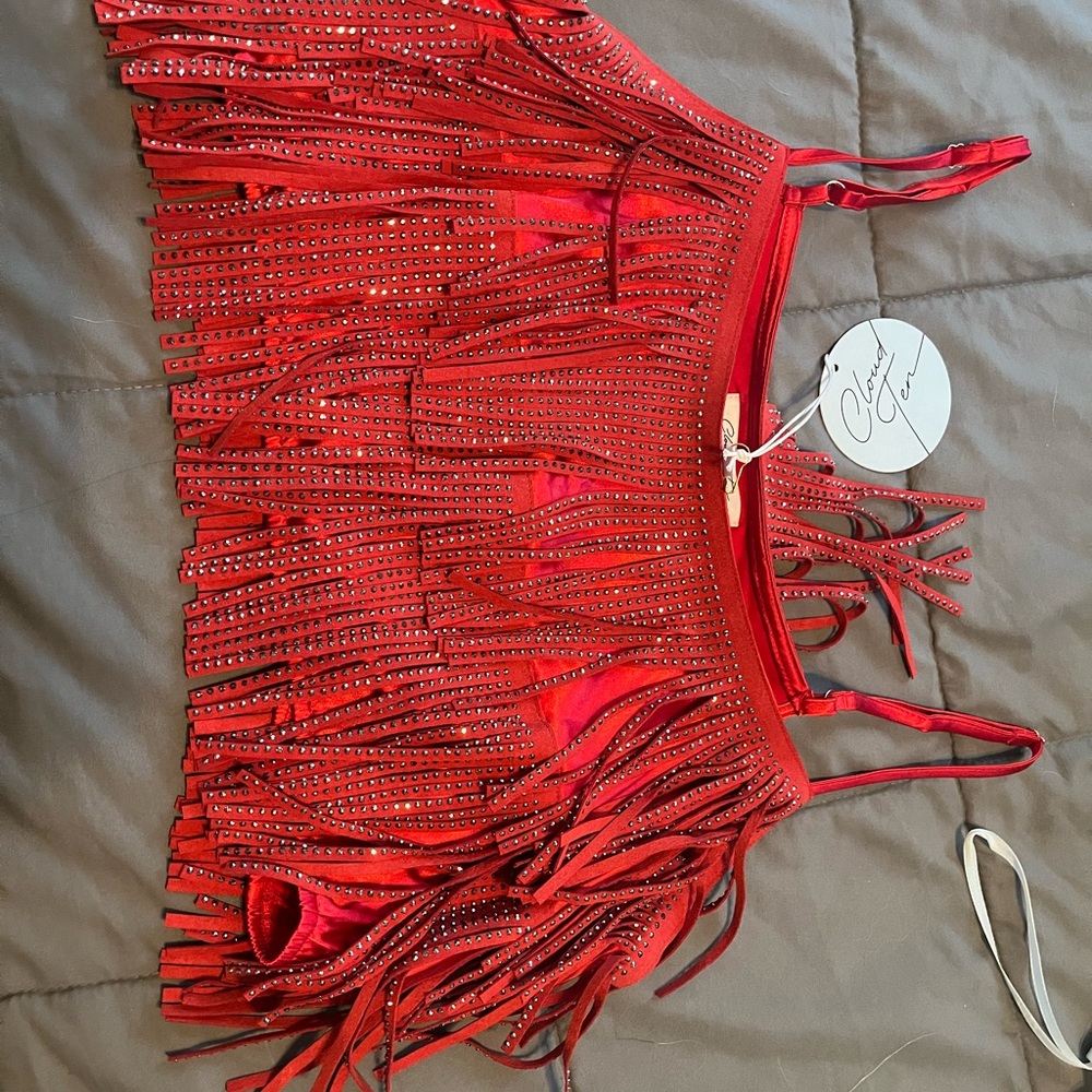 These three boutique Red Fringe Crop Top